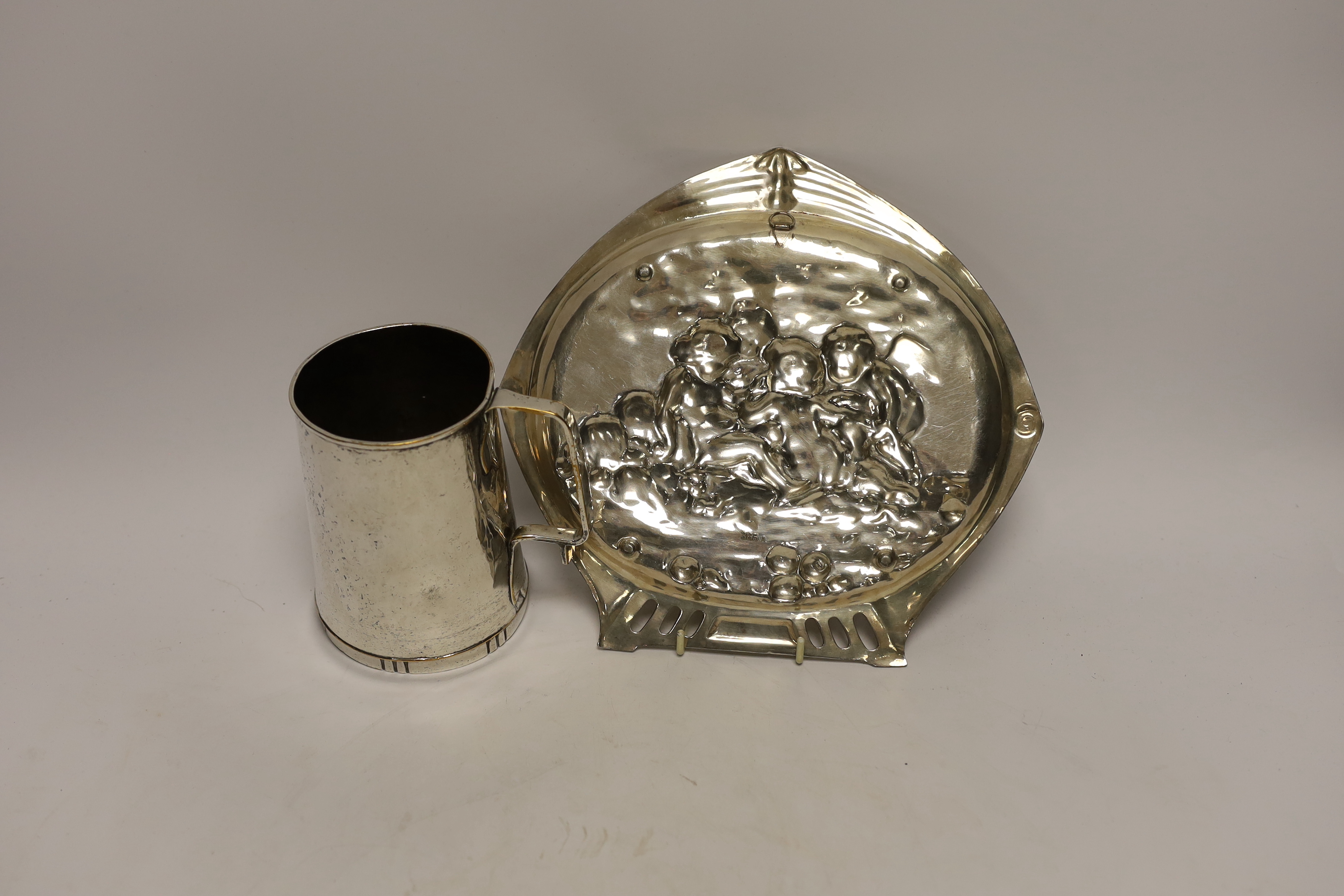 An Art Nouveau plated mug and an embossed dish, numbered 365A, 24cm wide